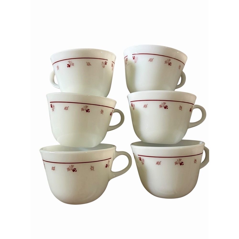 Set 6 Vintage Pyrex BURGUNDY‎ ROSE Coffee Cups Milk Glass